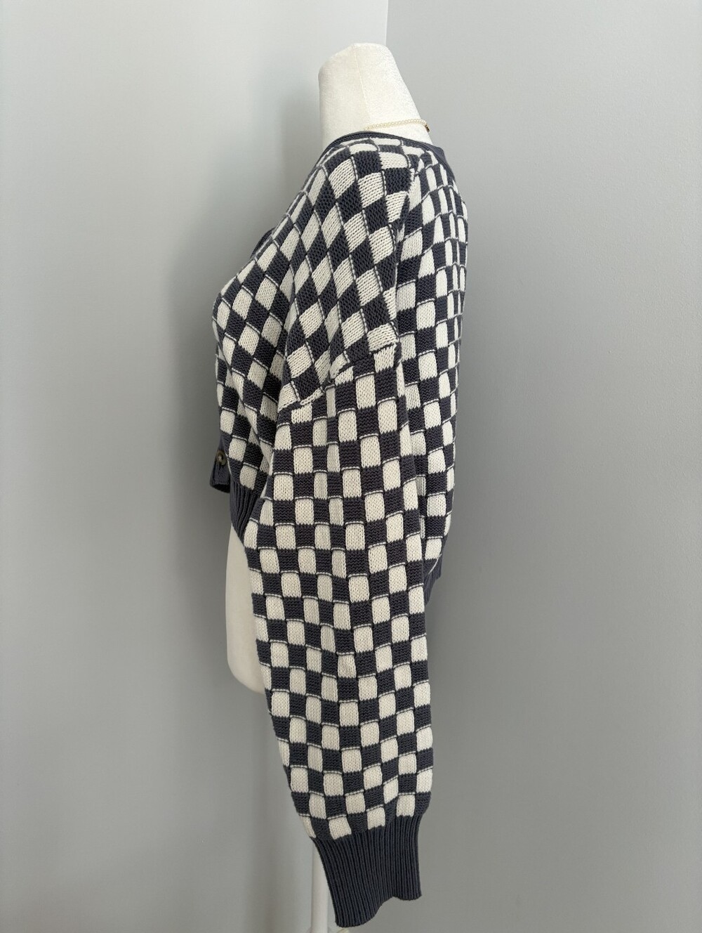 Sincerely Jule NWT Blue Grey And White Checkerbiard Kinit Cardigan L - Picture 4 of 11
